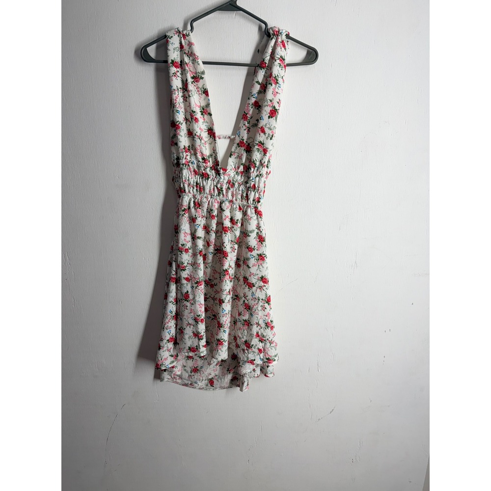Shein Floral Mini Dress White Red Rose Deep V-Neck Open Back Smocked Waist Small